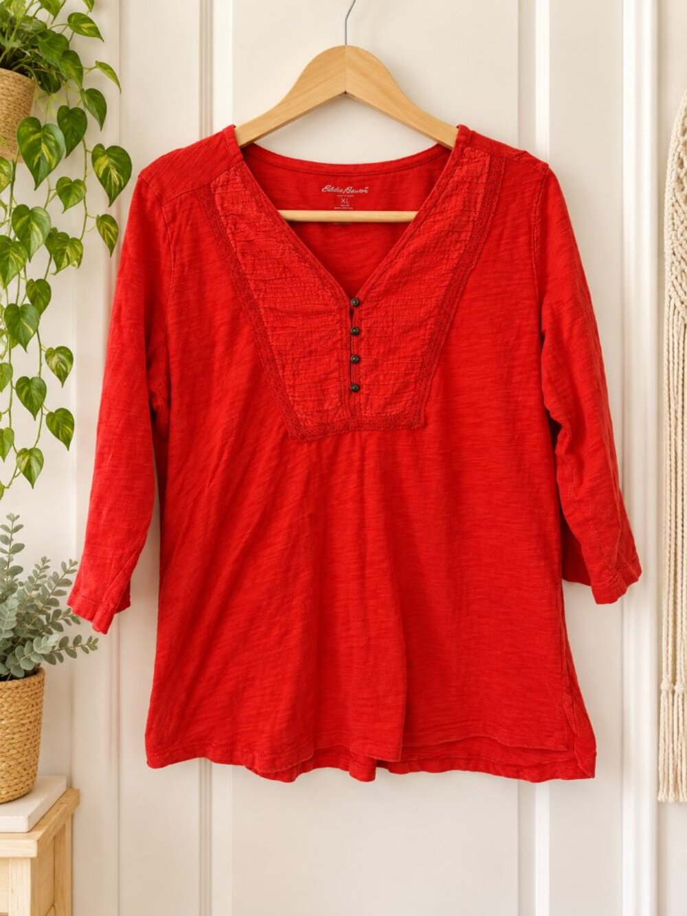 Eddie Bauer Red Orange Henley Top XL Cotton 3/4 Sleeve Pintuck Boho